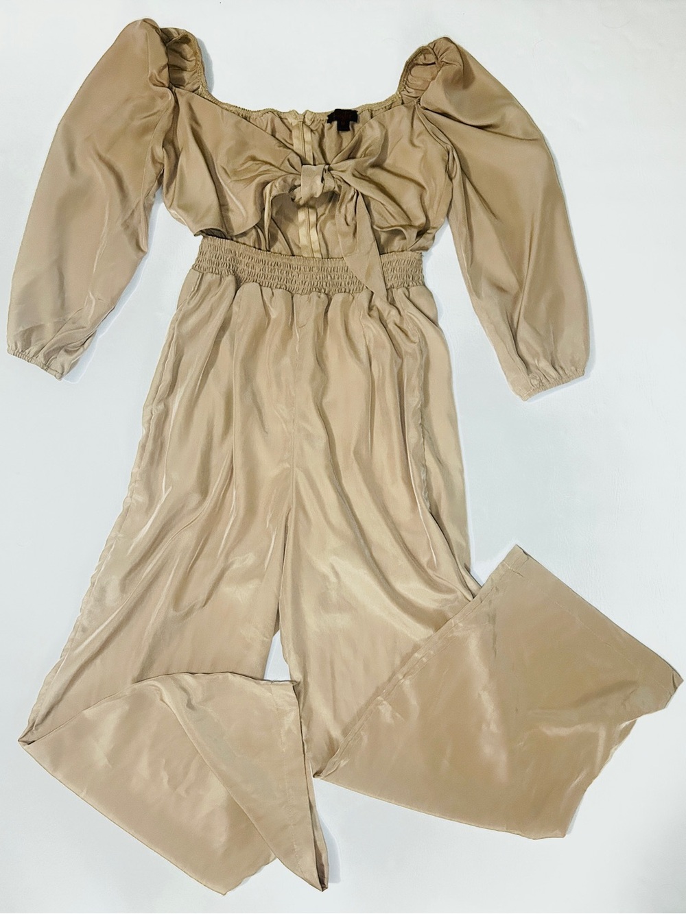 Tie-Front Beige Satin Jumpsuit with Puff Sleeves
